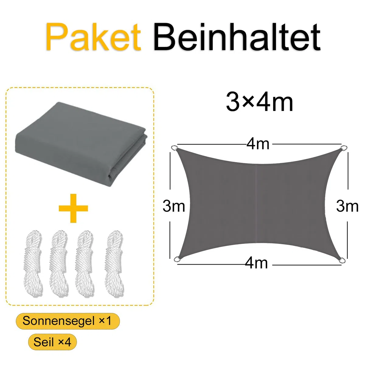 Sonnensegel Rechteckig 3x4m,PES Polyester Reißfest Wetterfest,Sonnensegel Wasserdicht,Sonnenschutz 95% UV-Schutz,Segeltuch Pergola mit Ösen und Befestigungsseile,für Balkon Garten,grau