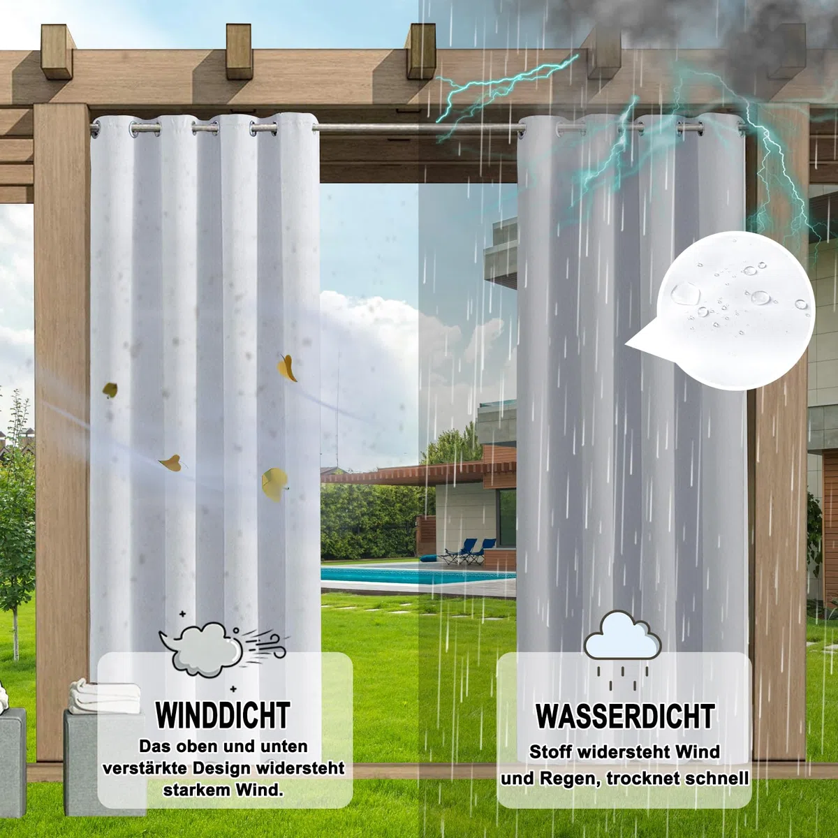 Outdoor-Vorhang wetterfest, 1 Stück blickdichte Sonnenschutzgardine mit Ösen, wasserdicht – in 24 Farben als Sichtschutz für Veranda, Pavillon & Laube - H213 x B132cm